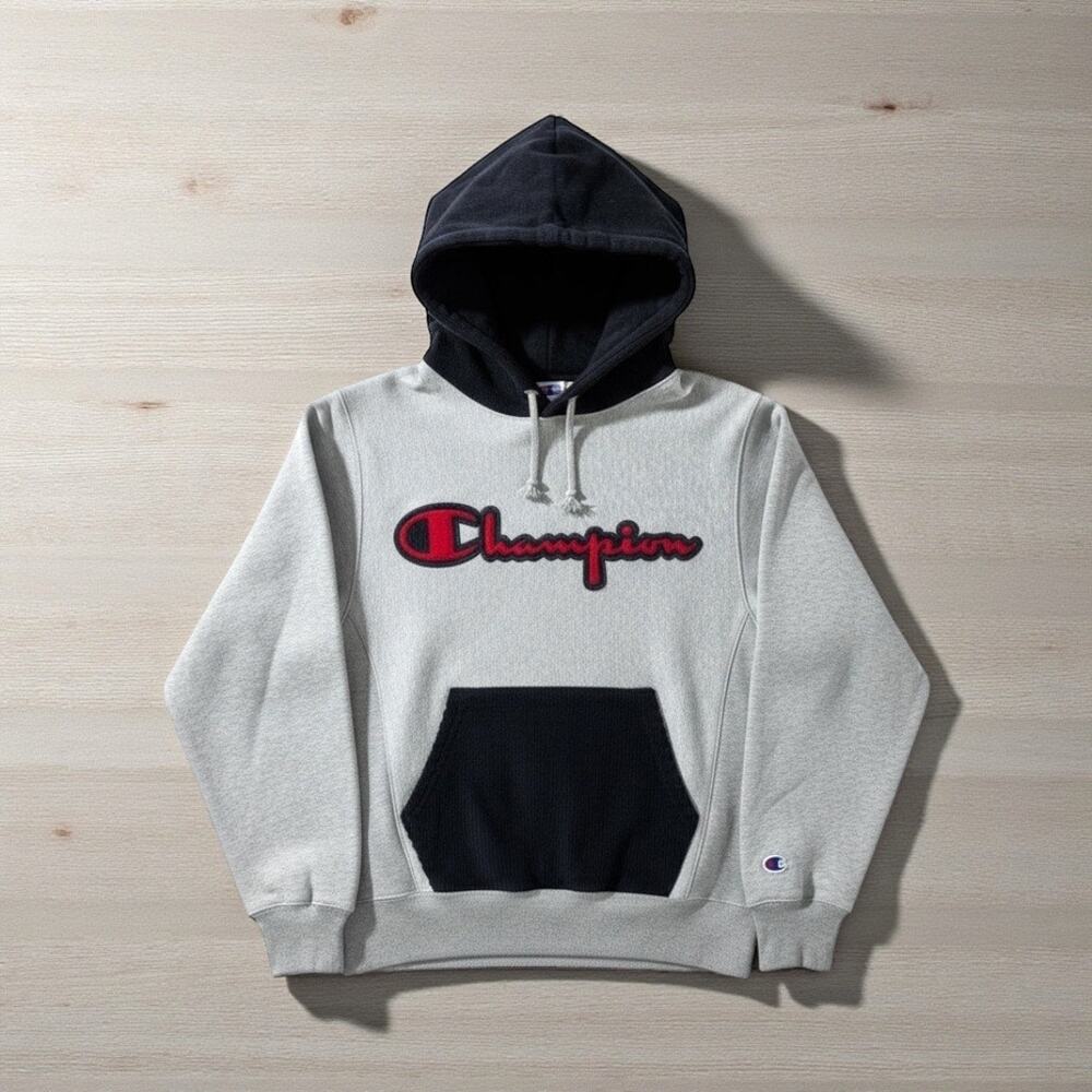 CHAMPION Mens Reverse Weave Corduroy Logo Hoodie Gray Blue XS Streetwear Casual